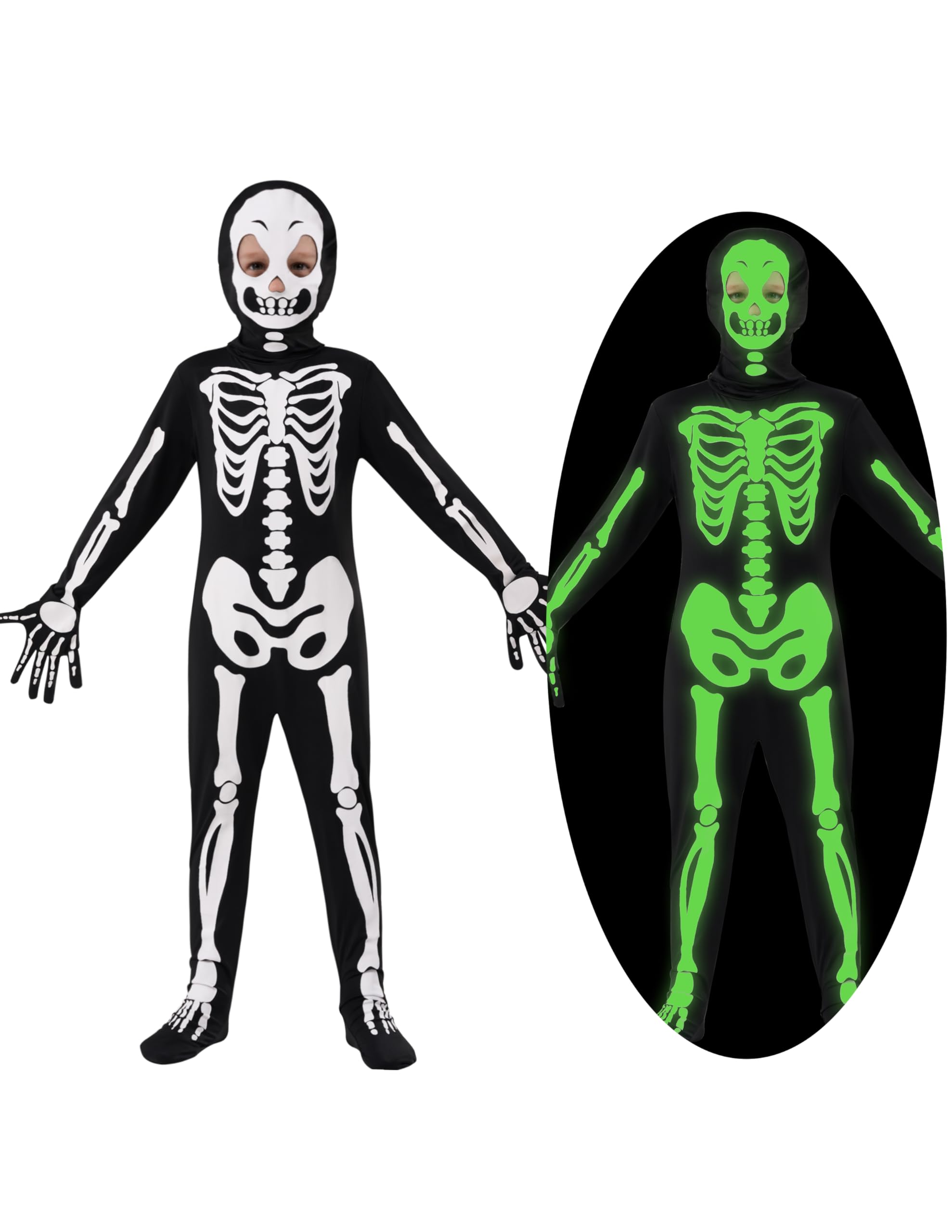 Spooktacular Creations Kids Skeleton Costume, Unisex Glow in the Dark Skeleton Bodysuit with Mask for Boys, Girls Halloween Dress Up, Role Play, Cosplay Party-L