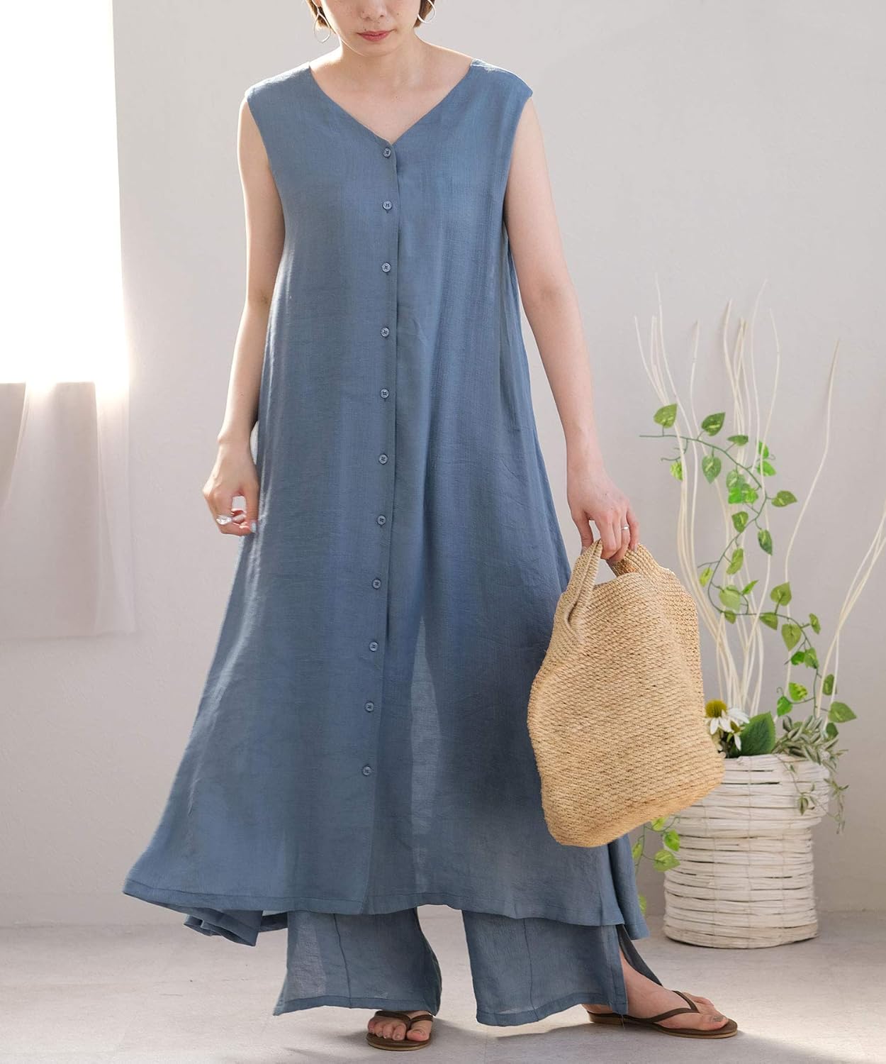 Amazon Co Jp アンドジェイ 2way シアー ポプリン ジレ ワンピース 4653 レディース Vネック ロング丈 無地 シースルー M ブルー 服 ファッション小物