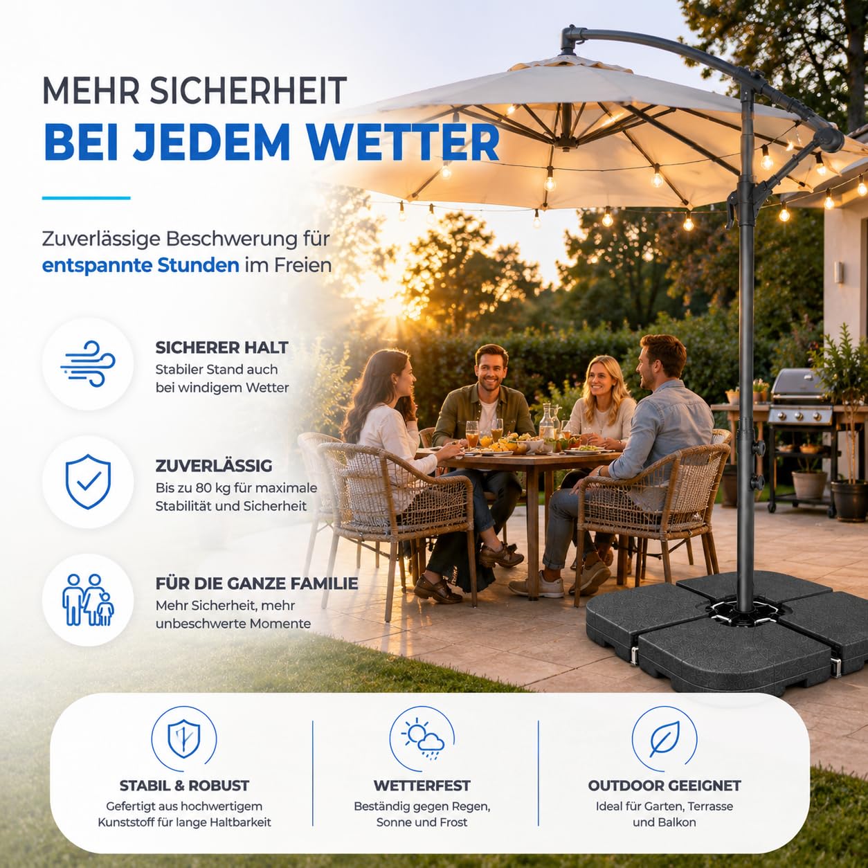 Gartiva Sonnenschirmständer für Ampelschirme – Schirmgewichte zum Befüllen für Bodenkreuze aus Kunststoff – Schirmständer Sonnenschirm Ampelschirmständer (4-Teilig bis 80 kg, Kunststoff) 2