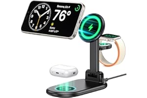QKXC Magnetic Wireless Charger Mag-Safe 3 in 1 Charging Station,15W Max Foldable Wireless Charging Stand for iPhone 16/15/14/13/12, Fast Travel Charger for Multiple Devices iWatch Airpods (Black)