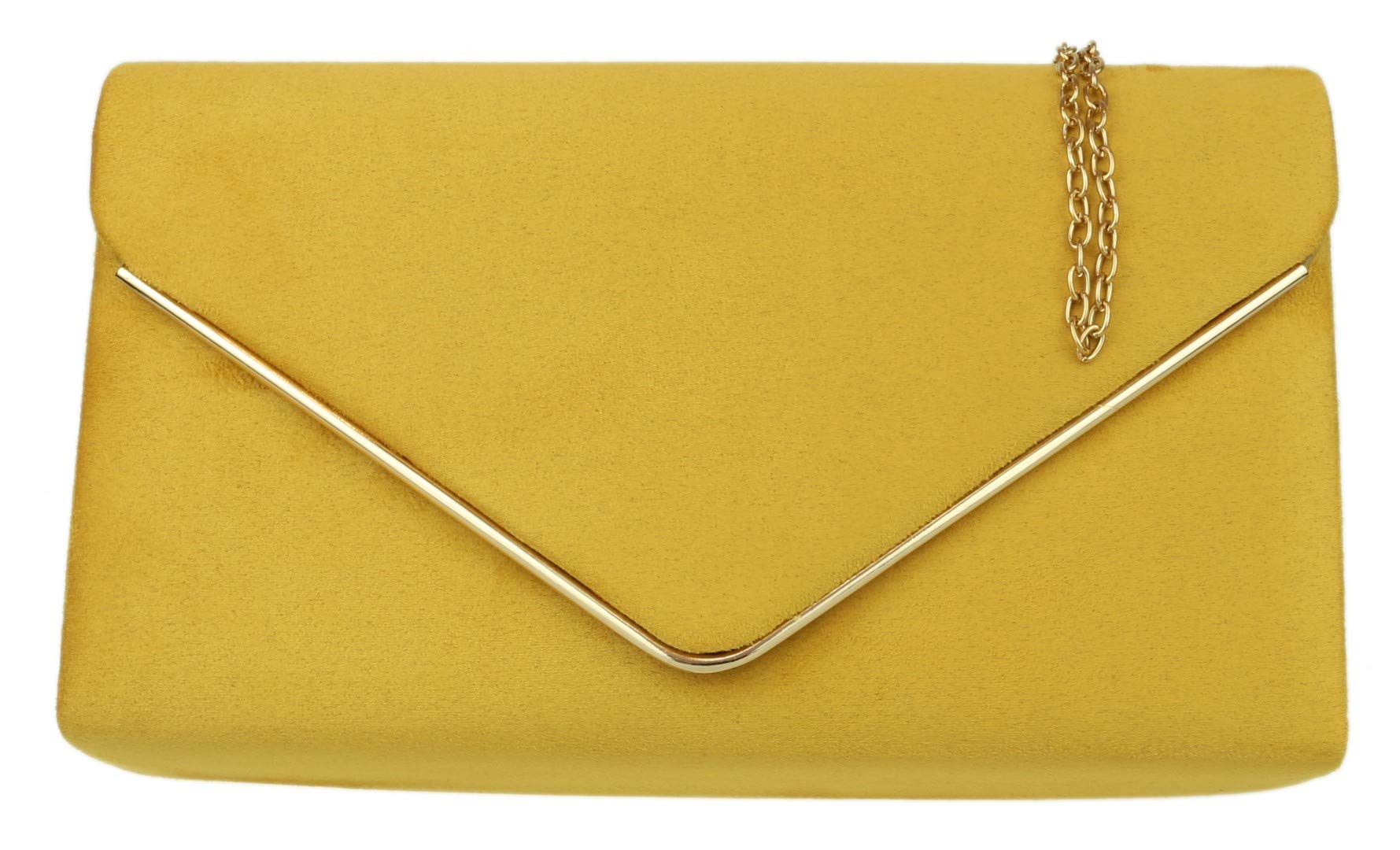 Girly Handbags Womens Faux Suede Clutch Bag Envelope Metallic Frame Handbag Mustard