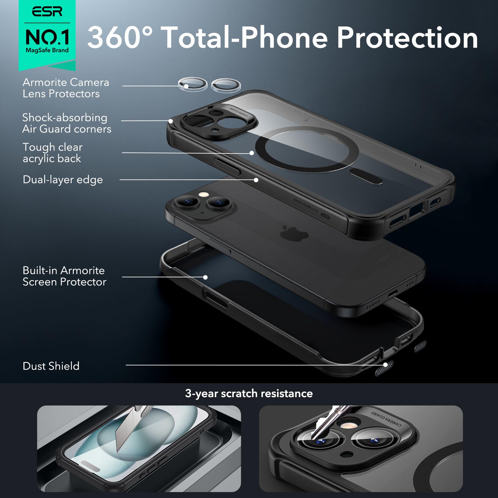 ESR for iPhone 15 Case, Compatible with MagSafe, Full-Body Military-Grade Drop Proof Case with Built-in 9H+ Tempered Glass Screen Protector, Armor Series, Clear Black