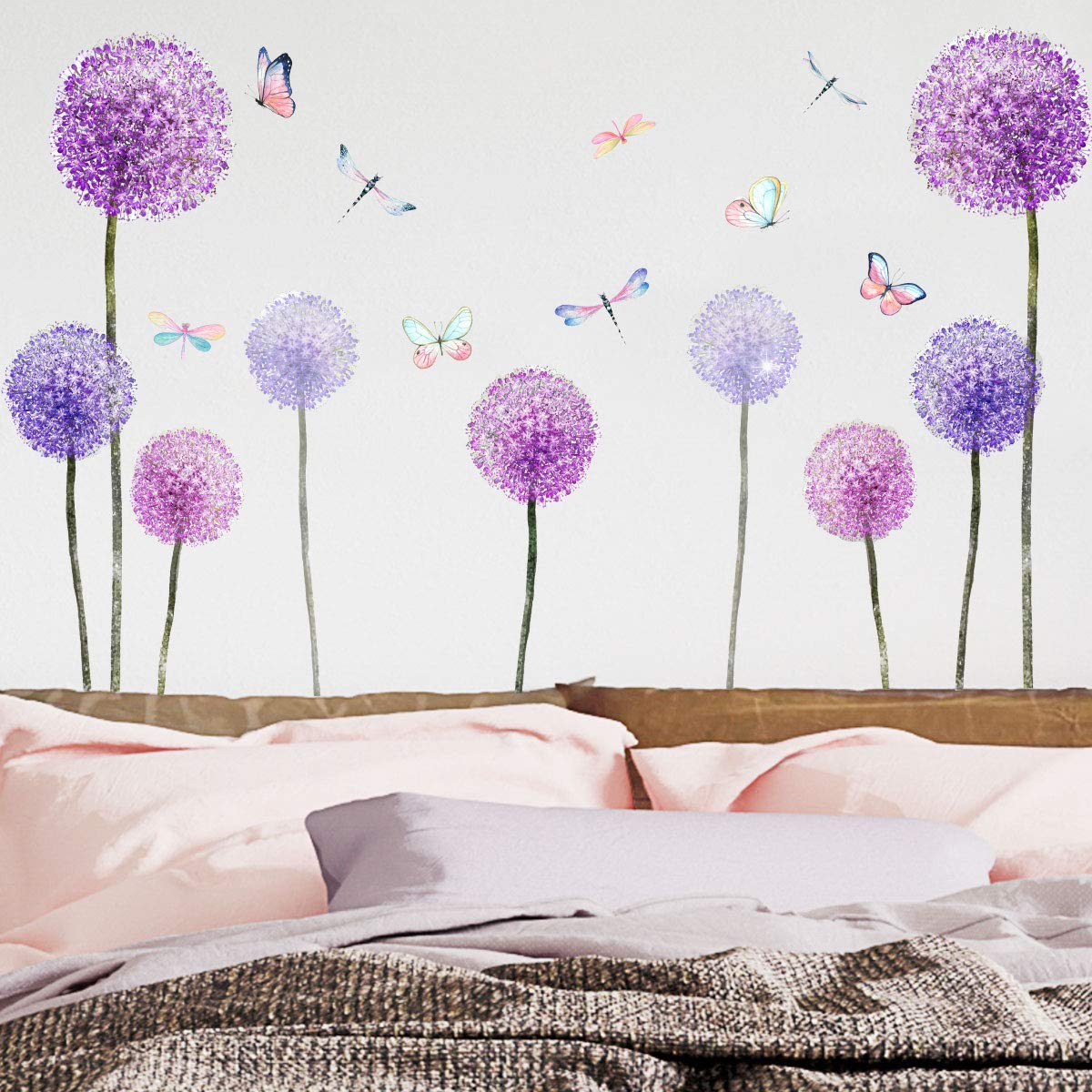 T-YU Dandelion Wall Stickers, Purple Dandelion Decals Flying Flowers Wall Stickers Peel and Stick Wall Murals for Bedroom Living Room Home Decoration Flowers Dandelion Wall Stickers