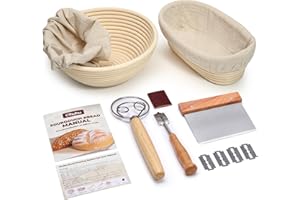 Ohuhu Banneton Proofing Basket & Sourdough Bread Starter Kit, All-in-One Set with 9" Round & 10" Oval Baskets & Tools to Bake