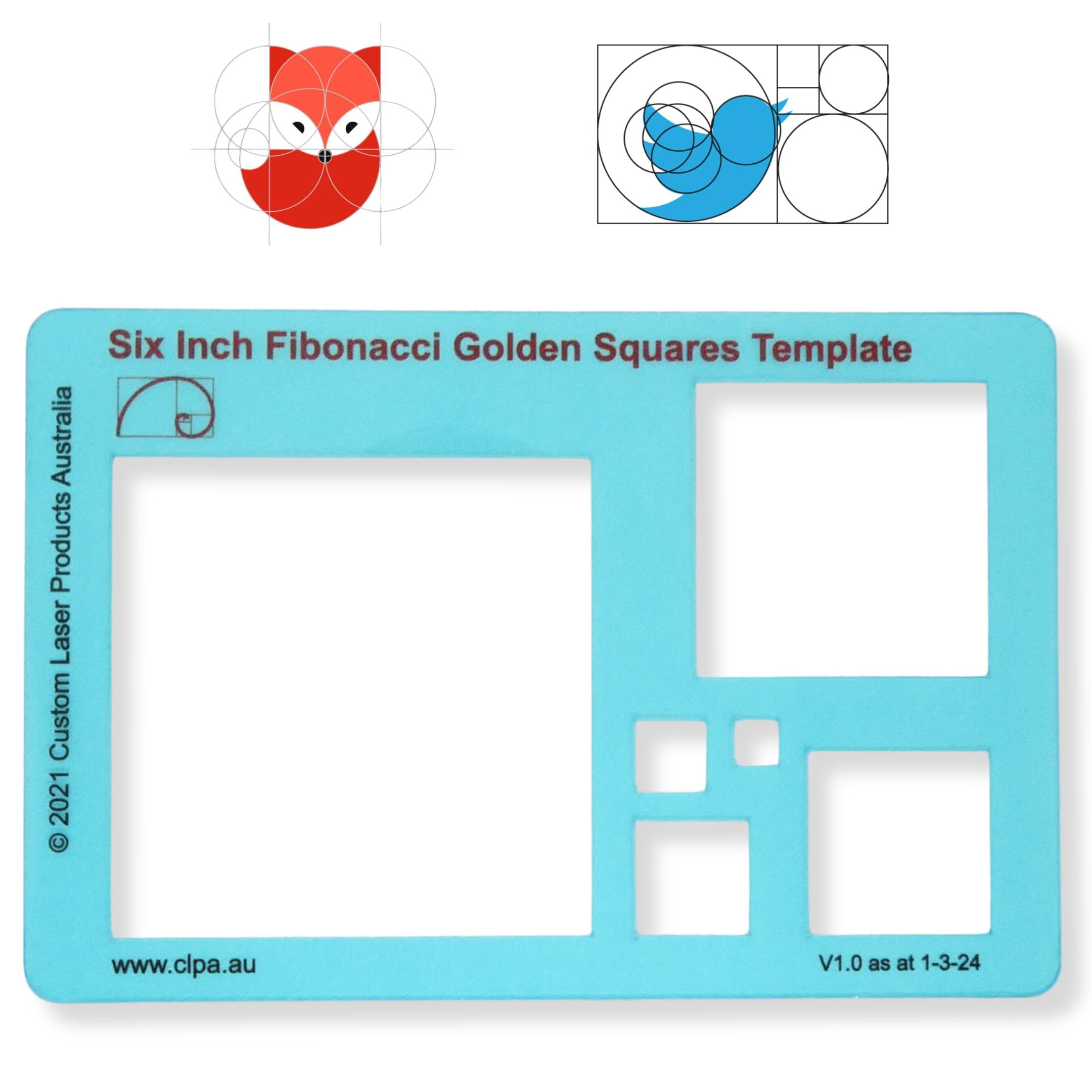 6" Square Stencil Template — Golden Ratio Tool for Drawing — Fibonacci Template — Geometric Stencil for Art, Drafting and Quilting — Clear PETG — Made in Australia — image 1