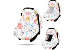 Jundetye Car Seat Covers for Babies, Winter Baby Car Seat Cover with Peep Mesh Window, Windproof Infant Car Seat Canopy for Girls Boys, White Flower