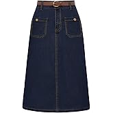 Belle Poque Denim Skirt with Belt Below Knee Length High Waisted Jean Skirts for Women