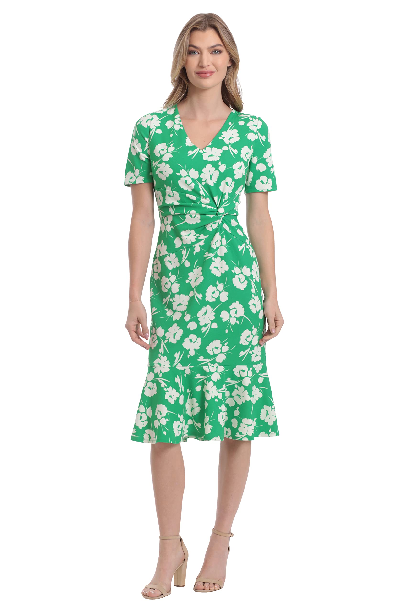 London Times Women’s Dresses V-Neck Polished Flounce Hem Twist Waist Detail Feminine Office Event Guest Green/Ivory