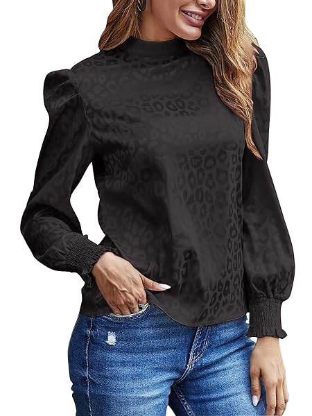 LYANER WOMEN’S SATIN MOCK NECK PUFF LONG SLEEVE KEYHOLE WORK BLOUSE TOP BLACK LARGE