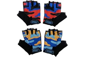 PLUSMORE 2PCs Kids Fingerless Cycling Gloves Boys Girls Bike Sport Mittens 4 5 6 7 8 9 Years Old Camo Short Gloves Children