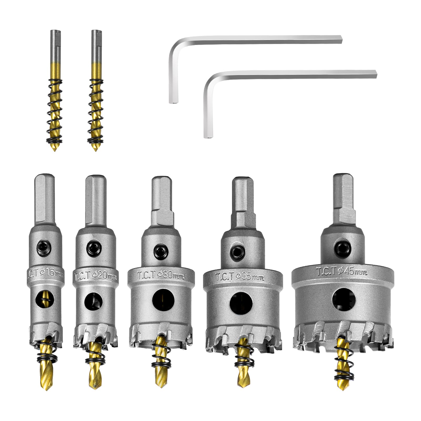 SALI 5PCS TCT Carbide Hole Saw Kit for Hard Metal, 5/8"-1-3/4"（16/20/30/35/45mm） Tungsten Carbide Tipped Hole Cutter Set with Titanium-Plated Pilot Drill bit for Metal, Stainless Steel, Plastics