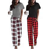 Ekouaer 2 Pack Pajamas for Women Set Short Sleeve Sleepwear Top and Pants Pjs Soft Printed Lounge Sets with Pockets