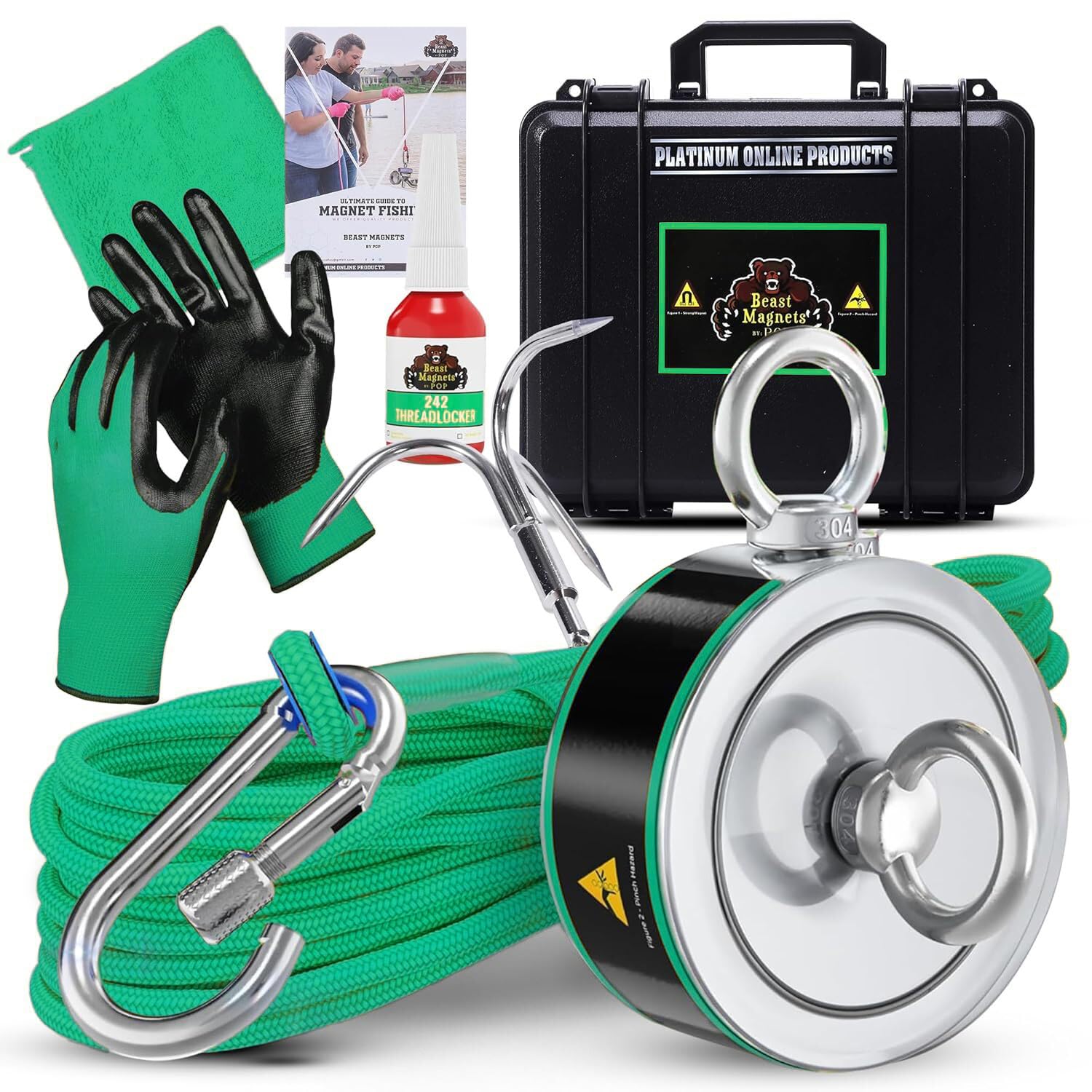 Photo 1 of 2000LB’s Complete Magnet Fishing Kit | Double Sided Fishing Magnet Kit with Case | Includes Strong Neodymium N52 Magnets, Durable 65ft Rope, Carabiner, Gloves, Grappling Hook & Carry Case