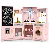 HONEY JOY Corner Play Kitchen, Large Wooden Pretend Toy Kitchen Set w/Lights, Ice &amp; Coffee Maker, Range Hood, Chalkboard, Microwave, Cookware, Little Chef Kids Kitchen Playset for Toddlers (Pink)