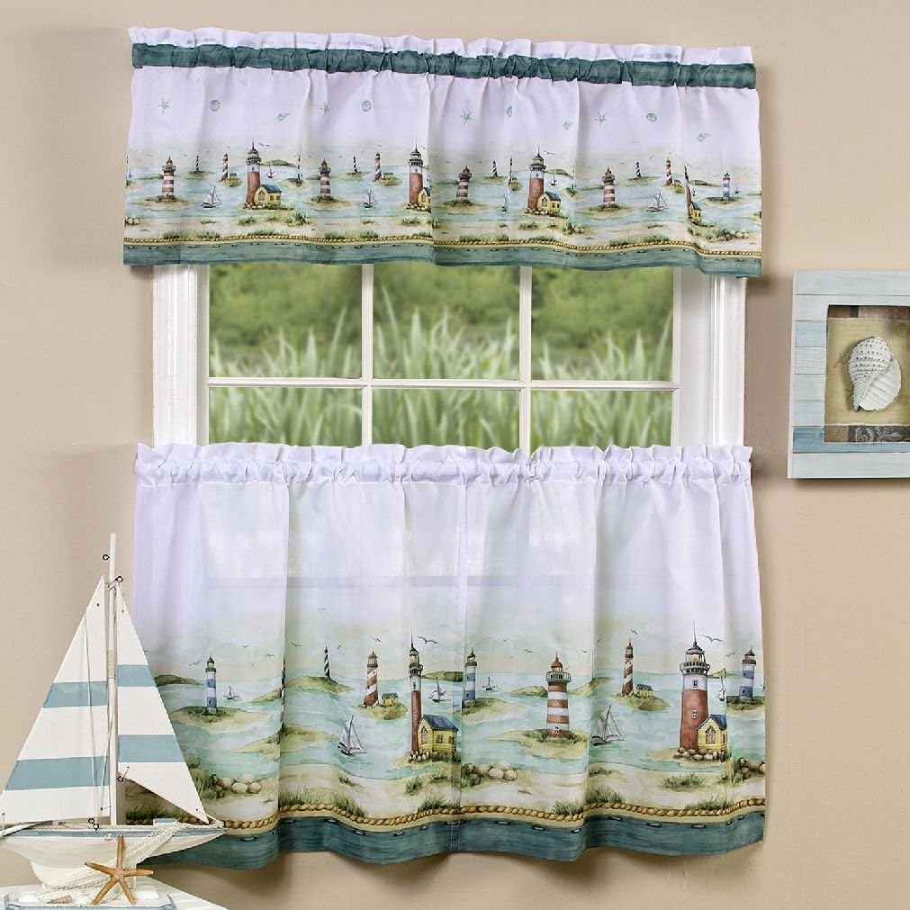 Fancy Hamptons Lighthouses Kitchen Curtain 36" Tier Pair