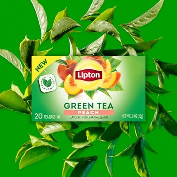 LIPTON PEACH GREEN TEA BAGS, FLAVORED, UNSWEETENED TEABAGS FOR HOT TEA OR PEACH ICED TEA WITH CAFFEINE AND FLAVONOIDS, 20 TOTAL TEA BAGS