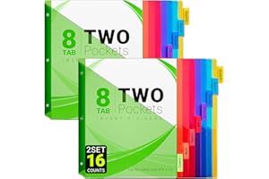 JEHXINZ 8-Tab Dividers for 3-Ring Binders, 16 Counts 3 Holes Index Dividers with 2 Pockets, Insertable 8 Tabs Binder Divider for 1/2''/1''/2''/3'' inch Binders, 8 Colors (2)