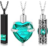 MTLEE 3 Pieces Cremation Urn Necklace for Ashes Vertical Bar Zircon, Heart Crystal Necklace Urn Stainless Steel Waterproof Memorial Pendant