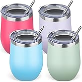 GUDEMAO 12oz/4 Pack Stainless Steel Wine Tumbler with Lid and Straw, Double Wall Vacuum Insulated Wine Tumbler Glasses, Stemless Travel Mugs for Hot and Cold Drinks, Coffee, Wine, Cocktails