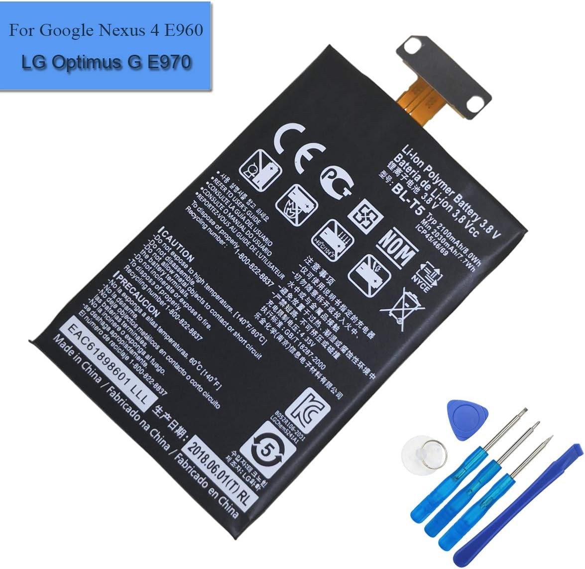 Li-Polymer New Replacement Battery BL-T5 Compatible with LG E970 LG E960 E971 E973 LS970 Nexus4 Mako Sprint LS970 EAC61898601