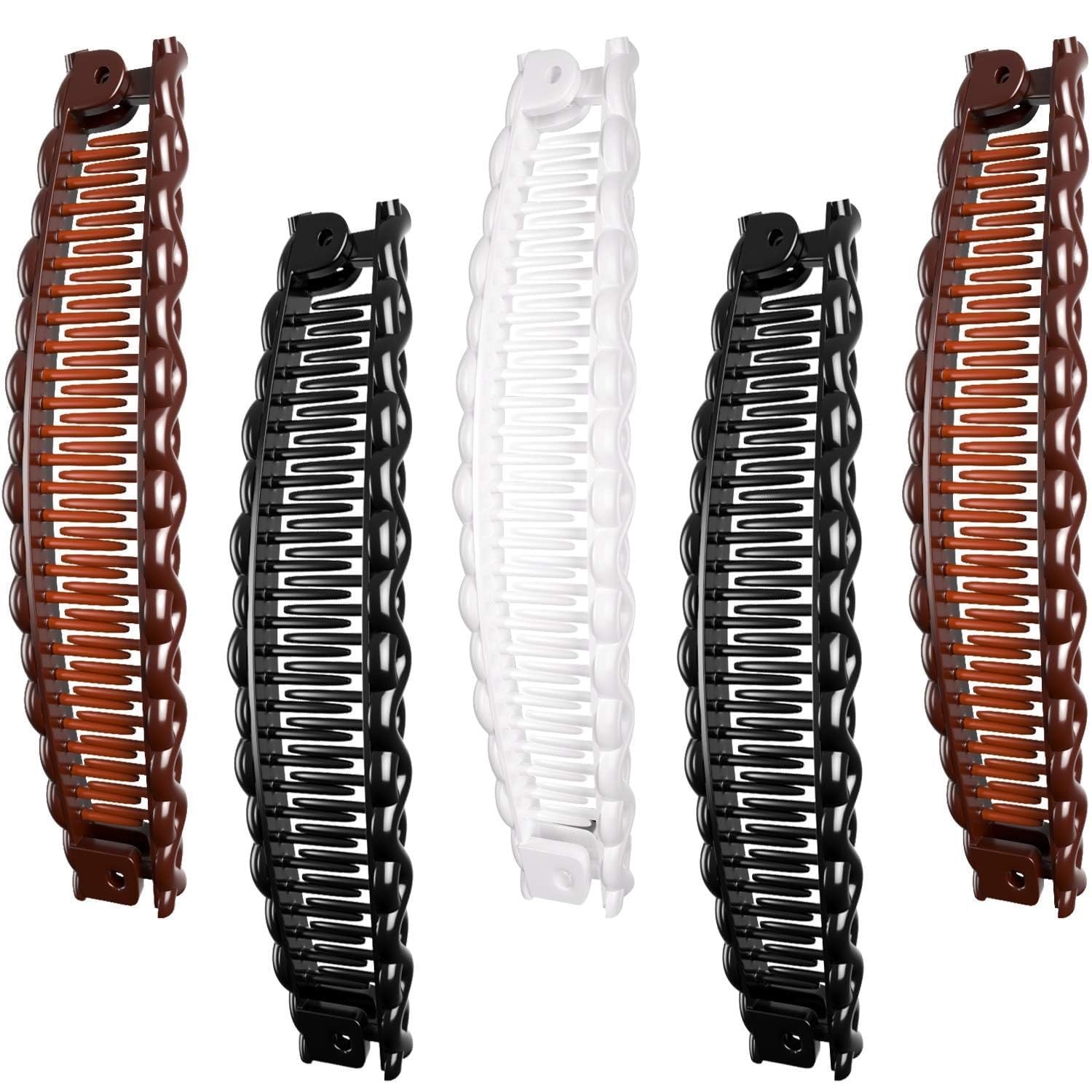 6Pcs Brown, White, Black Banana Clips, Hair Clincher Combs Bananas Vintage Large Hair Clip for Thick Banana Clips Set for Women Stylish Hair Styling Accessories for Ponytails, Fishtails