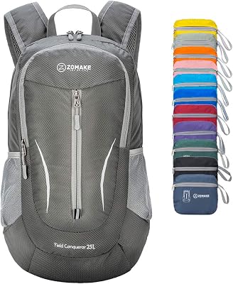 Mochila Dobrável Ultraleve - Mochilas Pequenas de Caminhada com Resistência à Água de 25L Para Homens Mulheres Viagem Desporto de Trekking (Cinzento Médio)