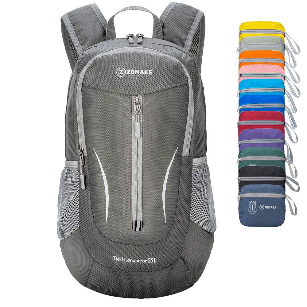 ZOMAKE Lightweight Foldable Backpack, Packable Rucksack 25L Folding Small Back Pack Foldaway Ultralight Daypack for Women Men Travel Hiking Walking (Dark gray)