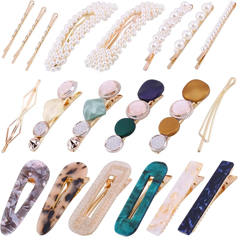 Acptall 20Pcs Pearl Hair Clips Barrettes Geometric Acrylic Resin Fashion