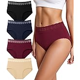 HOHOCHIN Cotton Underwear for Women High Waisted Panties Soft Lace Waistband Breathable Full Coverage Ladies Briefs 4 Pack