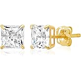 14K Gold Princess Cut CZ Stud Earrings for Women & Men | Anti Tarnishing Cubic Zirconia Earrings Studs with 14K Gold Butterfly Backs | 4MM 5MM 6MM 7MM CZ Gold Earrings by MAX + STONE