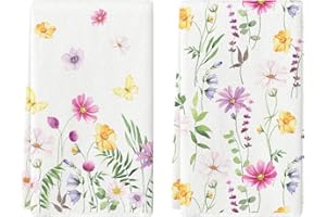 Artoid Mode Pink Yellow Flowers Spring Kitchen Towels Dish Towels, 18x26 Inch Summer Leaves Holiday Decoration Hand Towels Set of 2