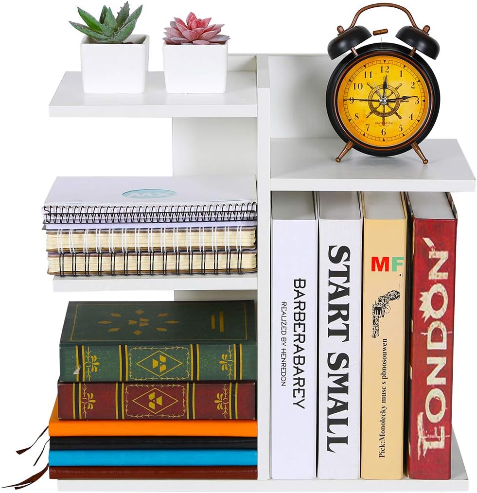 PAG Wood Desktop Shelf Small Bookshelf Assembled Countertop Bookcase Literature Holder Accessories Display Rack Office Supplies Desk Organizer, White: Furniture & Decor