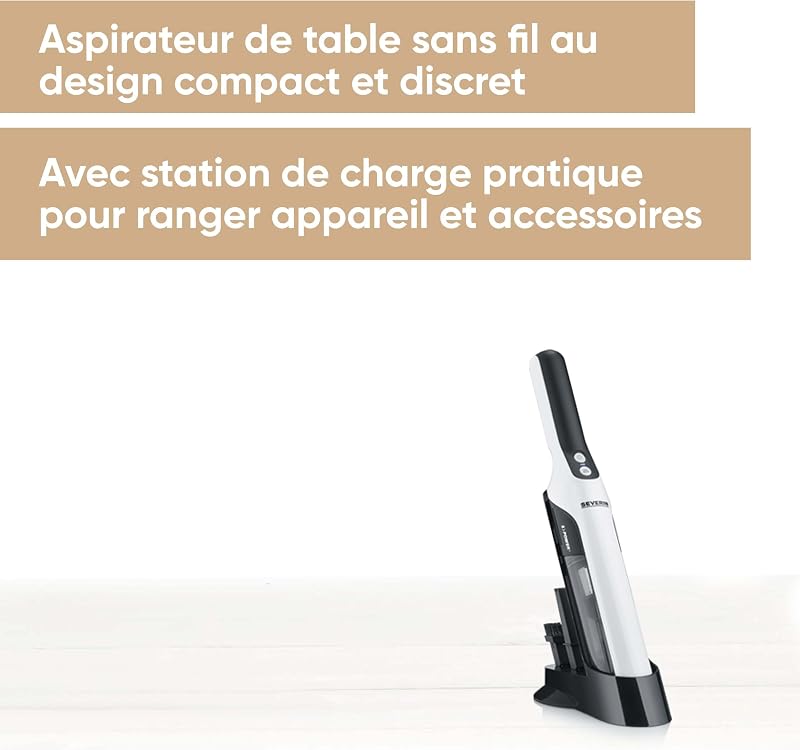 Aspirateur à main sans sac avec set accessoires, Aspirateur sans fil rechargeable, Aspirateur de table ou pour la voiture, Design compact, Autonomie jusqu'à 30 min, HV 7140