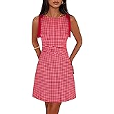 MEROKEETY Women's 2026 Summer Gingham Mini Dress Ruched Sleeveless Boat Neck Cocktail Party Beach Dresses