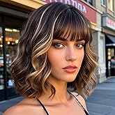Amarlis Blonde Highlight Bob Wig with Bangs for Women Dark Brown and Blonde Wigs Natural Looking Heat Resistant Synthetic Wig for Daily Party Use