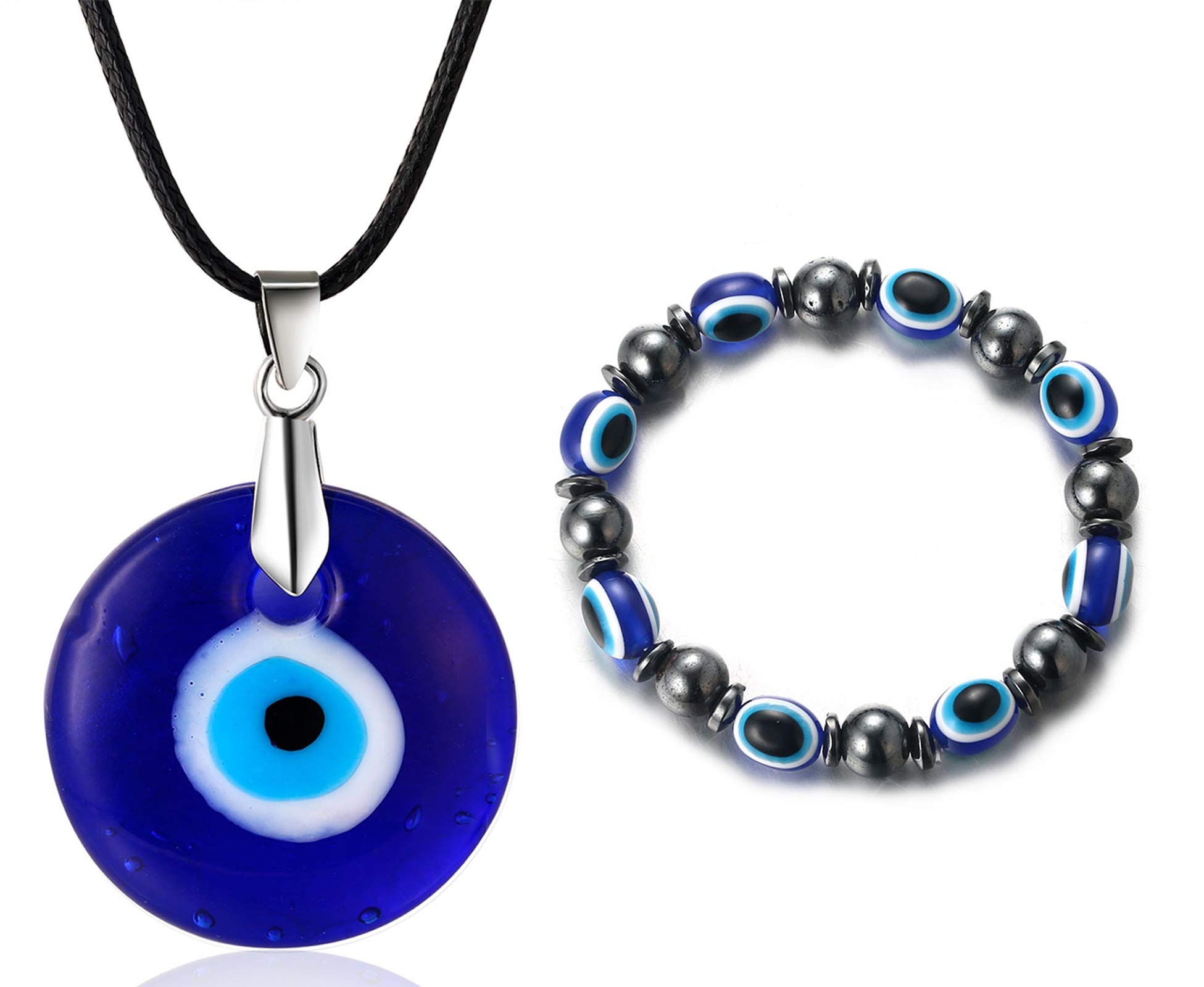 HALUKAKAH Evil Eye Necklace Bracelet Set for Men Women,Sapphire Resin Blue Eye Pendant Wax Rope Hematite Magnetic Stone Beads Handmade Protection Mal de Ojo Jewelry with Free Giftbox
