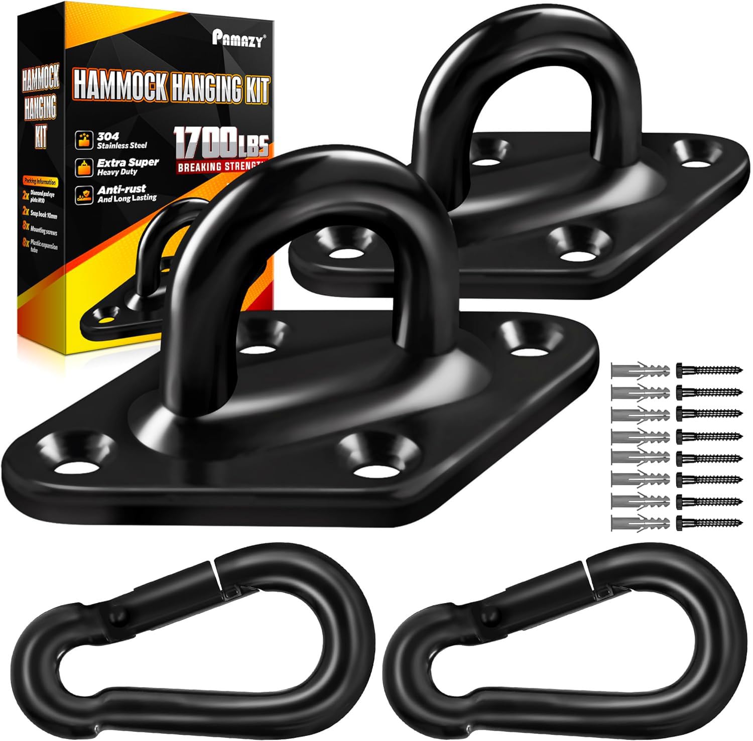 Photo 1 of [Upgraded] 1700 lb Capacity 2PCS M10 Stainless Steel Pad Eye Hooks+2PCS 10MM Snap Hook + 8PCS Heavy Duty Screws for Hammock Hanging Kit, Swing Hanging, Wall/Ceiling Mount, Indoor & Outdoor