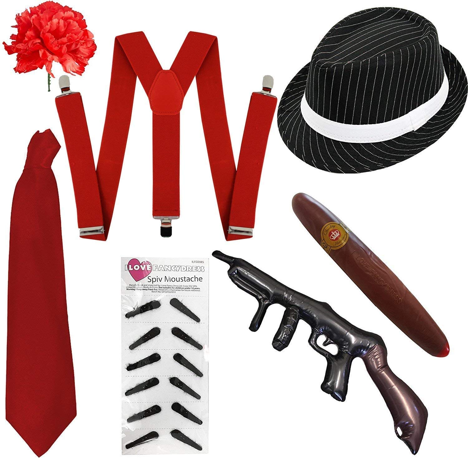 Adults 1920s Gangster Accessory Set. 7 Piece Al Capone Fancy Dress Kit. 20s Ganster Fancy Dress Accessory Kit. Colour: Red Pinstripe Set | Size: One Size