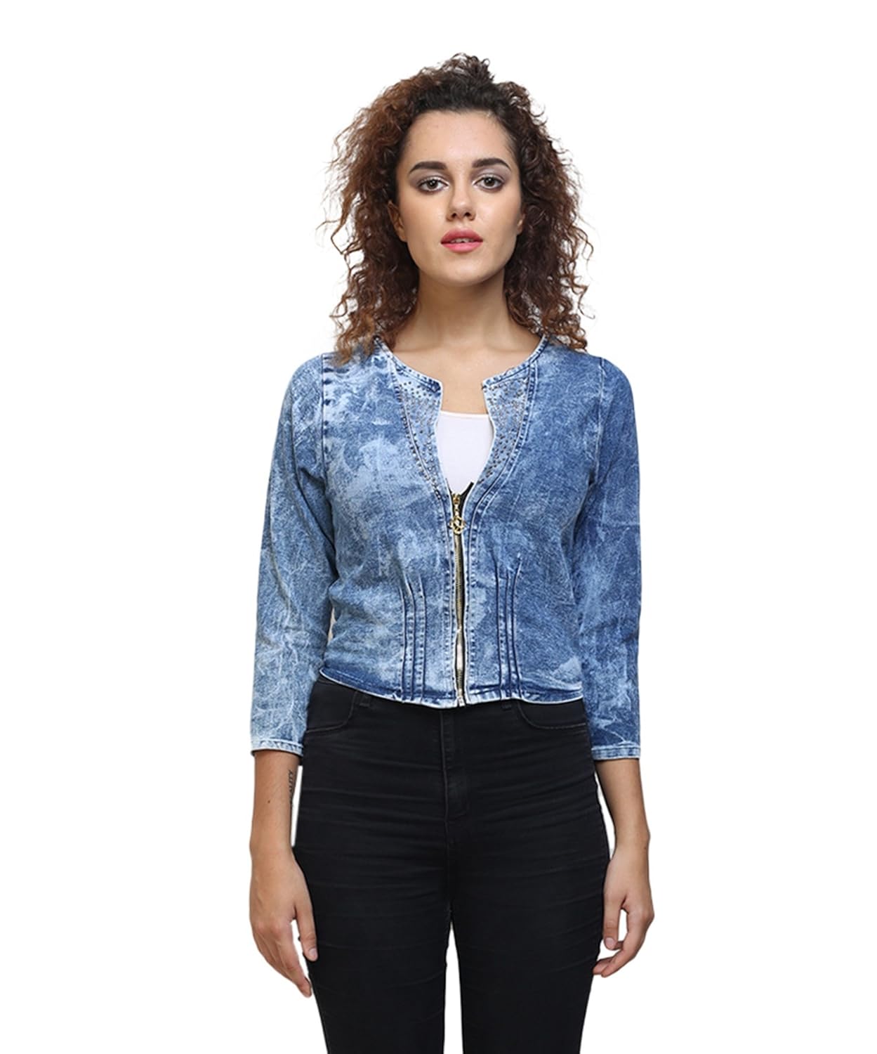 buynewtrend denim blue shrug/jacket for women