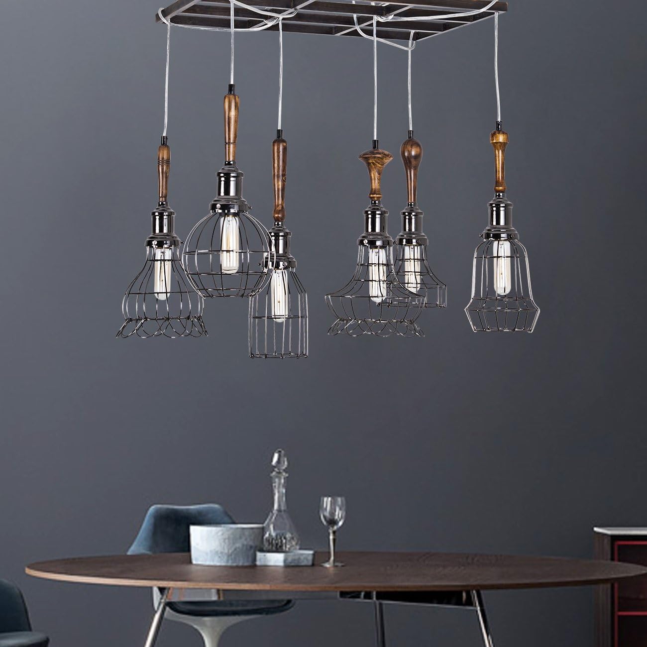 YUNJI Industrial Vintage Pendant Light Rustic Wood Grid Chandelier Max 240w with 6 Multi-Shade Cage Lights for Room, Restaurant, Bar, Gun Color