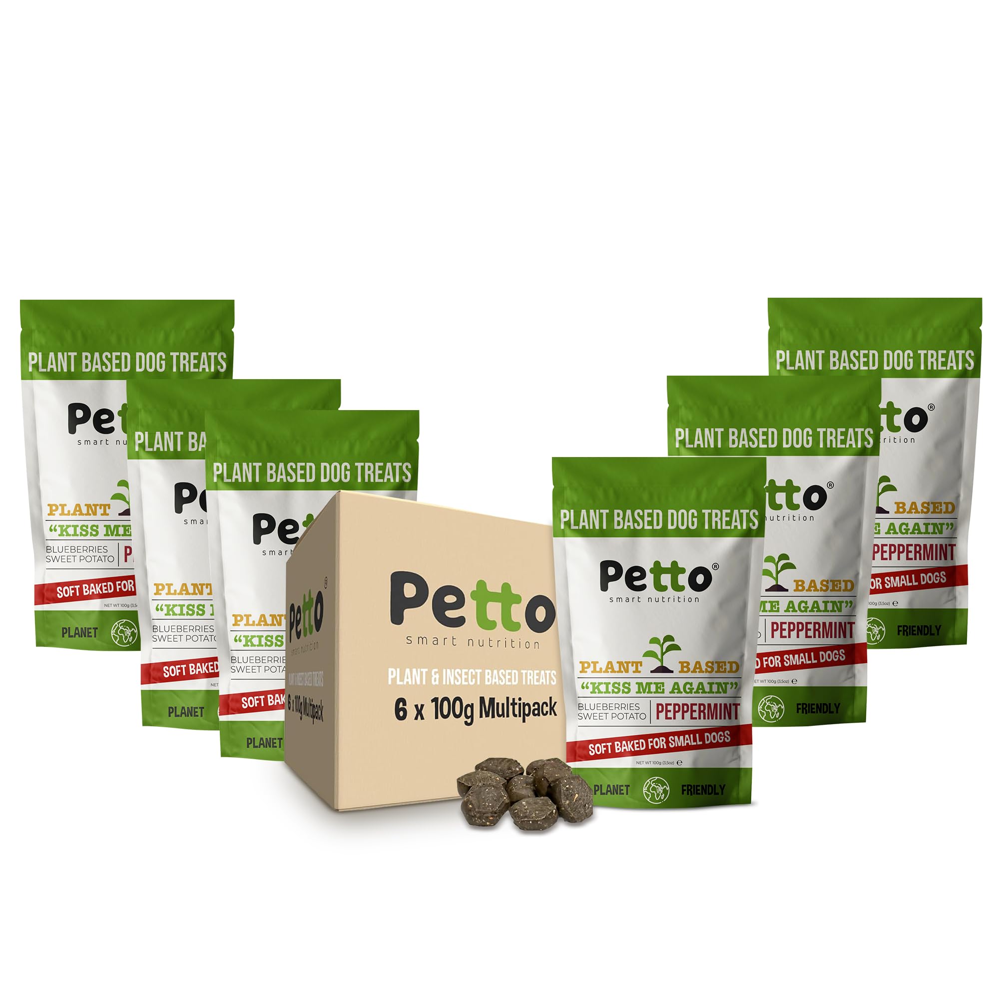 Petto Natural Dog Treats - Hypoallergenic Small Dog and Puppy Treats, Soft Baked, Plant-Based Biscuits High in Protein with Peppermint, Sweet Potato and Blueberries, Kiss Me Again, x6 100g packs