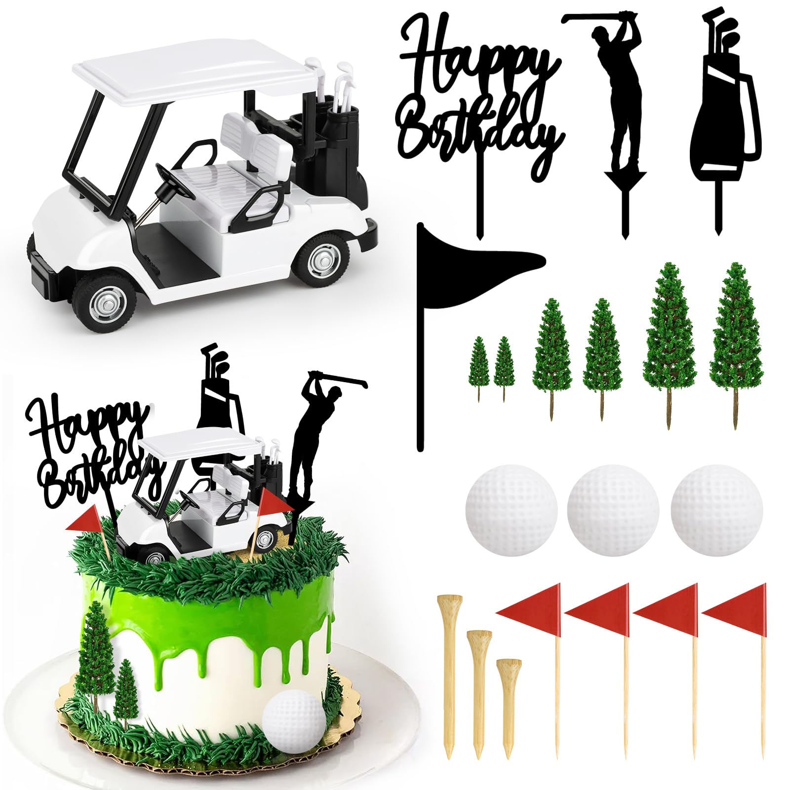 Photo 1 of 21 Pieces Golf Cake Decorations With Mini Cart, Ball, Green Tree, Clubs, Red Flag Cupcake Toppers for Sports Theme Birthday Party Decor Supplies