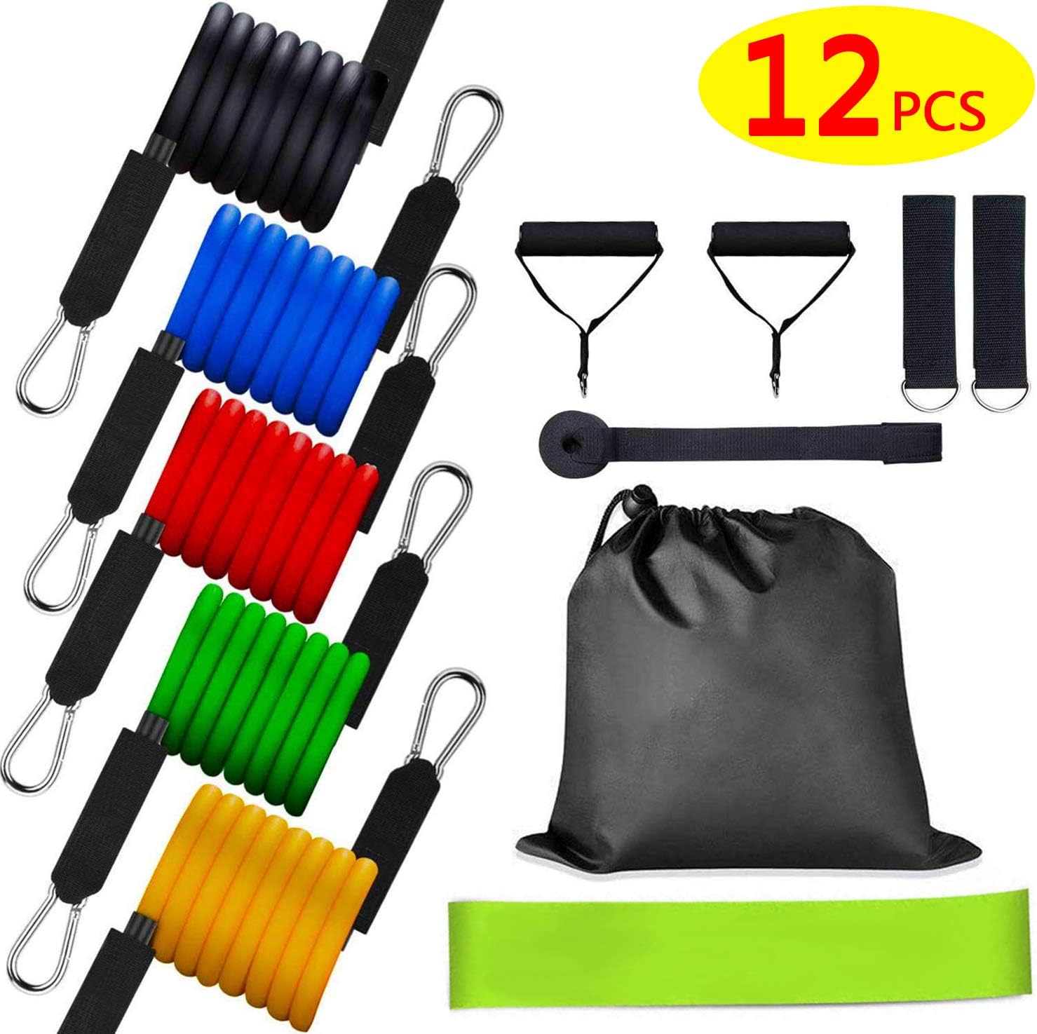 12pcs Resistance Bands Set, Resistance Exercise Bands Resistance Loop Bands with Door Anchor, Handles, Waterproof Carry Bag, Legs Ankle Straps for Resistance Training, Physical Therapy, Home Worko