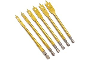 6Pcs Wood Spade Drill Bit Set 1/4"-5/8", Paddle Bits Set, Hole Cutter, Titanium Coated, Carbon Steel, 1/4" Hex Shank, Include
