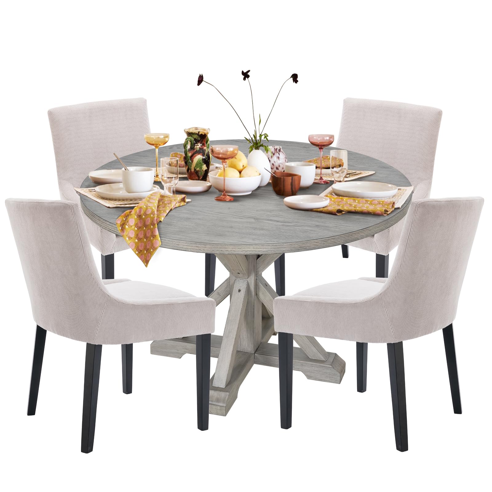 Photo 1 of ***only two chairs***COLAMY 5-Piece Dining Table Set for 4, 48" Kitchen Round Wood Table with 4 Corduroy Dining Room Chairs, Grey/Beige