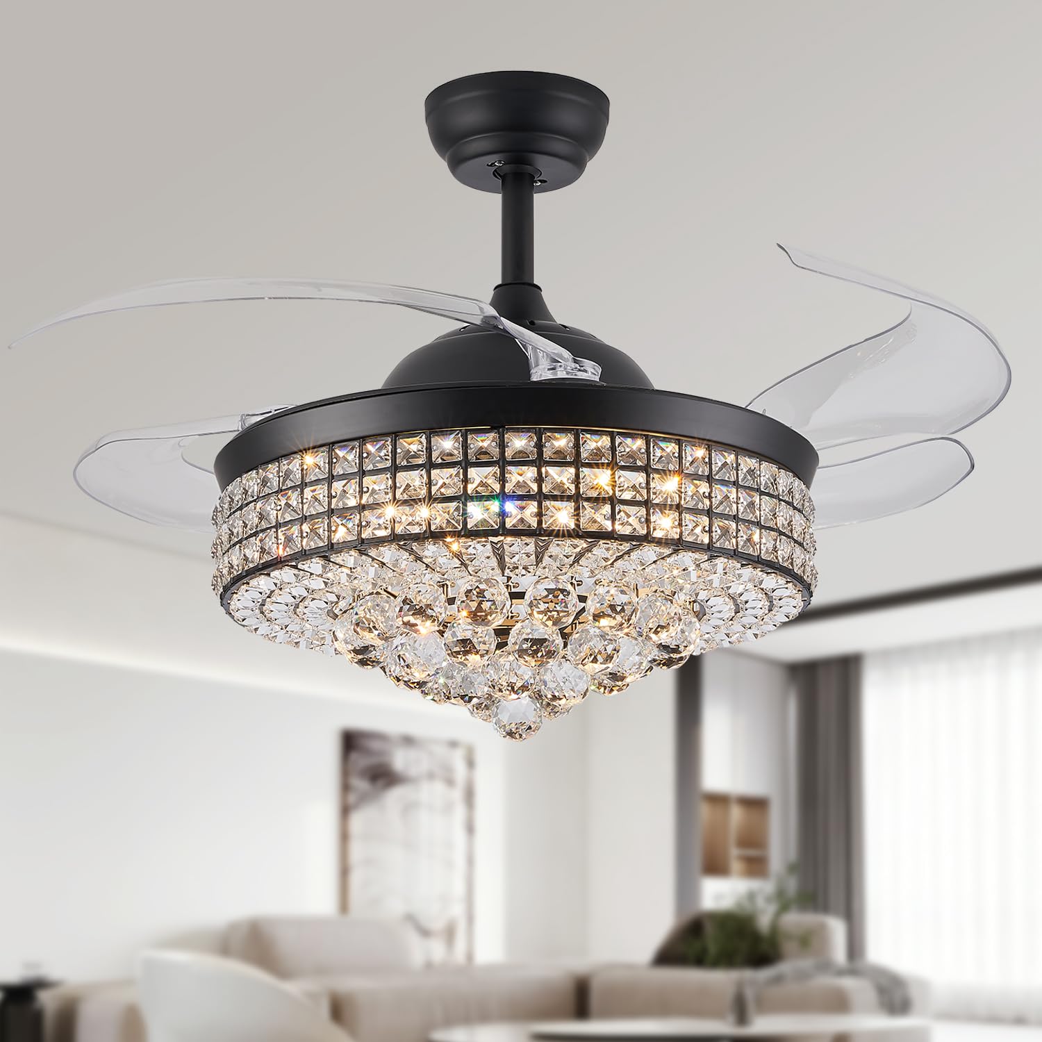 TRSIOPFC 36 Inch Dimmable Crystal Fandelier Ceiling