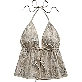 SHENHE Women's Y2k Sequin Halter Top Embroidered Front Tie Backless Ruffle Going Out Boho Tank