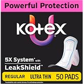 Kotex Ultra Thin Pads, Wings, Regular, 50 Count | Period Pad, Breathable Soft Touch Cover, Made Without Fragrance, Clean &amp; Dry Feel, LeakShield Protection, Gravity Core