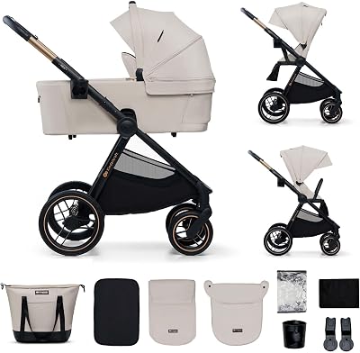 Kinderkraft NEA 2, Passeggino dalla nascita fino a 22 kg, Chiusura con una mano, Posizione sdraiata, Ampia capottina, 4 ruote ammortizzate, filtro UPF 50+, cestello fino a 5 kg, Beige