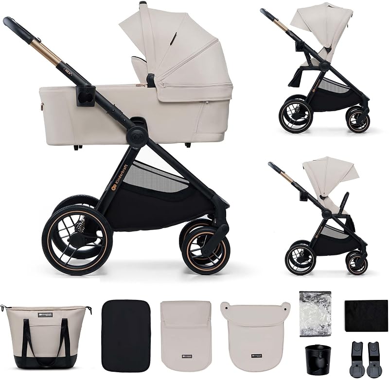 Kinderkraft NEA 2, Poussette de la naissance à 22 kg, Pliage d'une seule main, Position allongée, Grande capote, 4 roues amortissantes, Filtre UPF 50+, Panier jusqu'à 5 kg, Beige